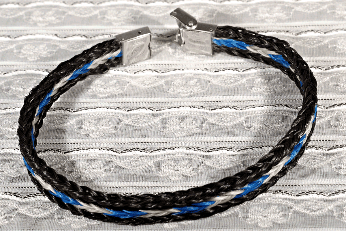 Black, Blue and White Horse Hair Bracelet with Clasp
