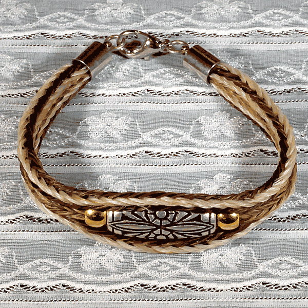 Brown White Horse Hair Bracelet with One Inch Nickel Plated Engraved Barrel-Shaped Pewter Bead