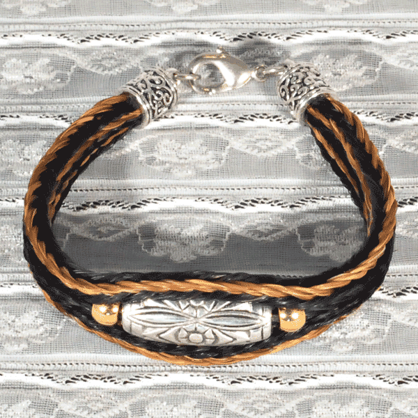 Brown Black Horse Hair Bracelet with One Inch Nickel Plated Engraved Barrel-Shaped Pewter Bead