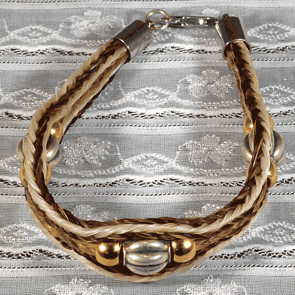 White Brown Horse Hair Bracelet with Round Nickel Plated Pewter Beads