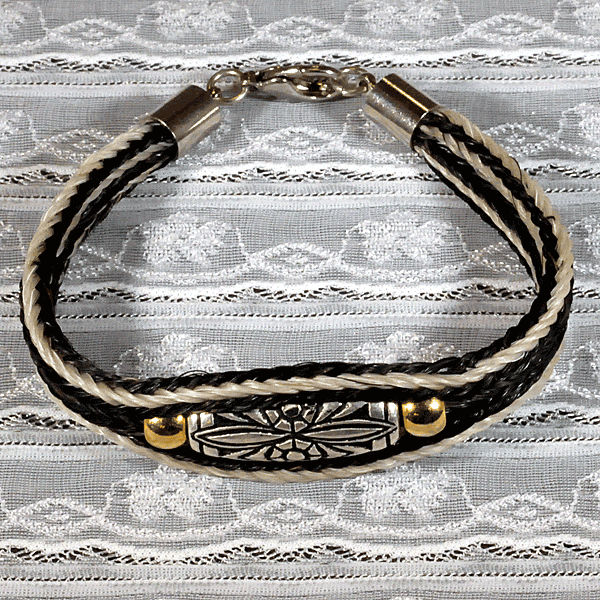 Black White Horse Hair Bracelet with One Inch Nickel Plated Engraved Barrel-Shaped Pewter Bead