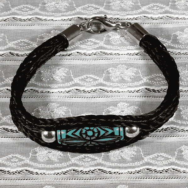 Black Horse Hair Bracelet with One Inch Engraved Barrel-Shaped Turquoise Bead