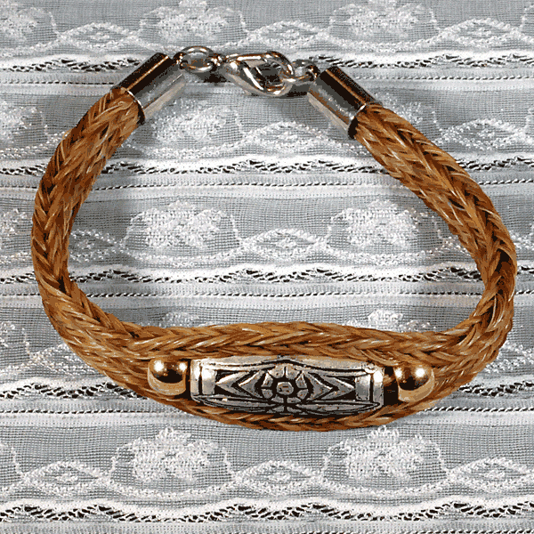 Brown Horse Hair Bracelet with One Inch Nickel Plated Engraved Barrel-Shaped Pewter Bead