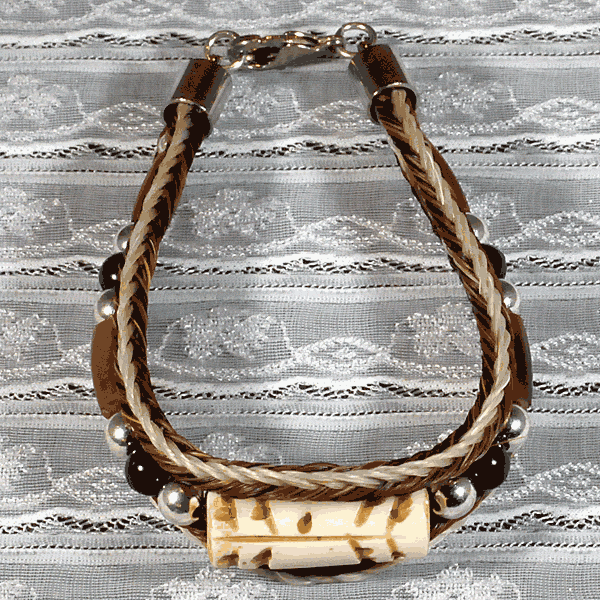 Brown White Horse Hair Bracelet with Etched White Bone