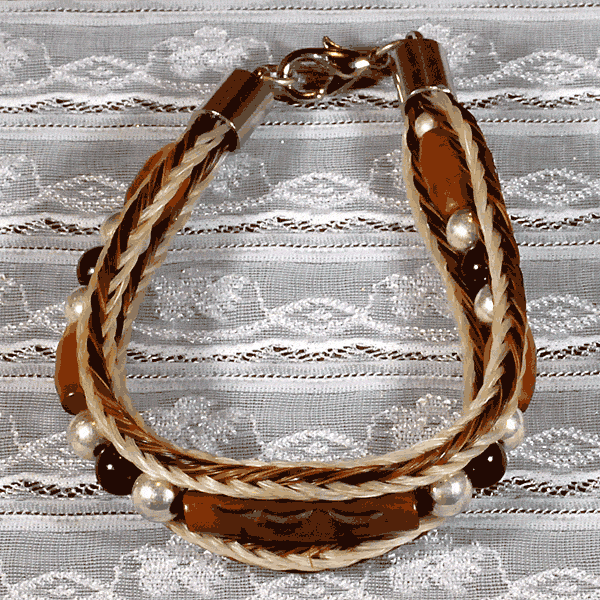 Brown White Horse Hair Bracelet with Etched Amber Bone