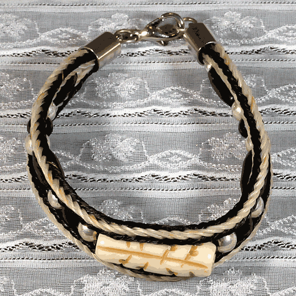 Black White Horse Hair Bracelet with Etched White Bone