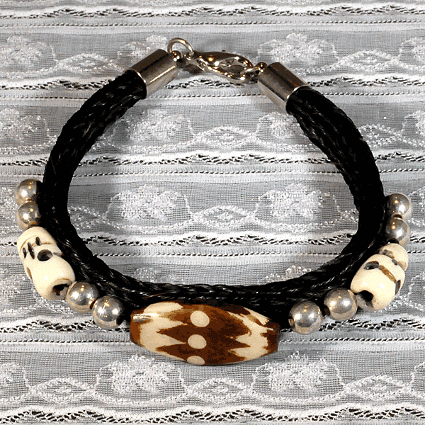 Black Horse Hair Bracelet with Two Etched White Bones and Center Stained Bone