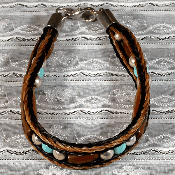 Black and Sorrel Horse Hair Bracelet with Turquoise and Amber Bone Bead