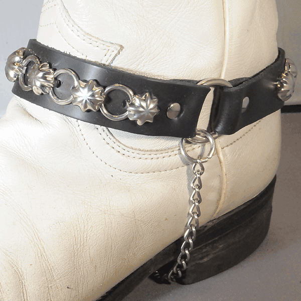 Black Leather Cowboy Boot Strap with Star Studs and Loops