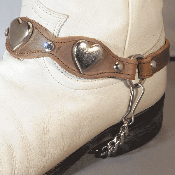 Brown Scalloped Leather Boot Strap with Austrian Crystal and Hearts